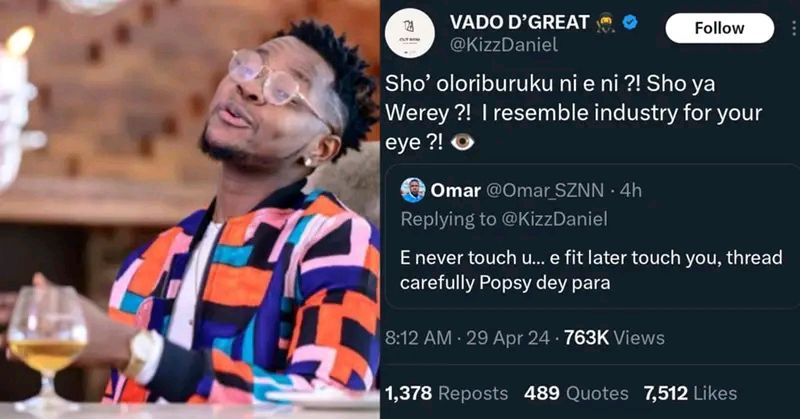 Kizz Daniel expressed his displeasure after a Wizkid fan warned him to treat Wizkid with caution