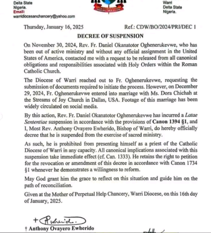 Warri Catholic Diocese suspends priest who secretly got married in U.S. 2